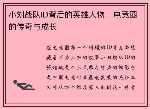 小刘战队ID背后的英雄人物：电竞圈的传奇与成长
