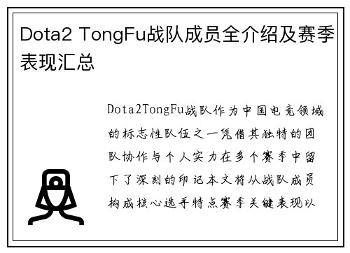 Dota2 TongFu战队成员全介绍及赛季表现汇总