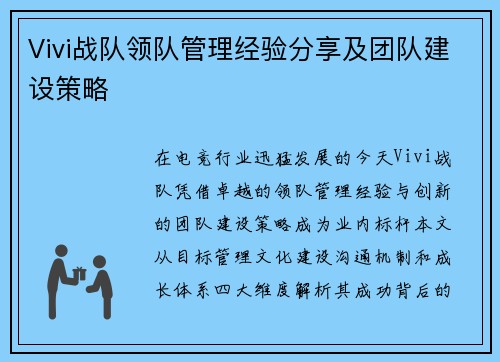 Vivi战队领队管理经验分享及团队建设策略